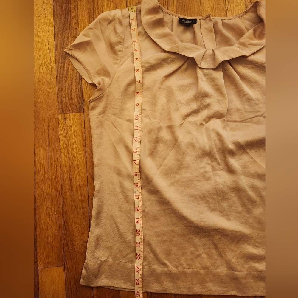 Talbots Champagne Button Down Back Satin Ruffleneck Short Sleeve Blouse Size L - Picture 5 of 10